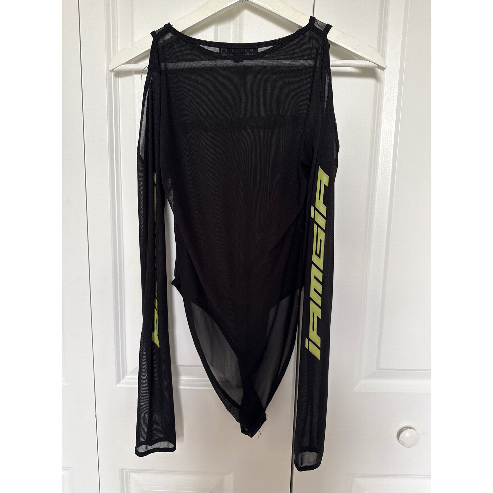 I.Am.Gia Black Mesh Cold Shoulder Bodysuit Lime Green Logo Long Sleeve Large — image 4 of 8